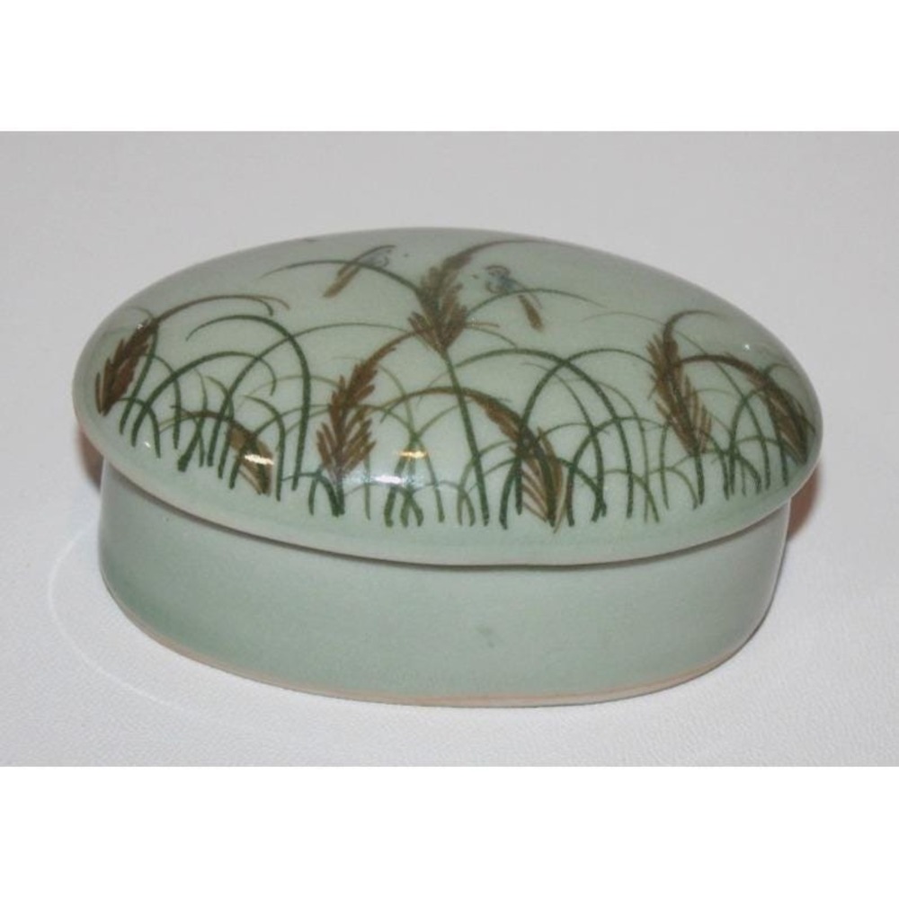 vintage Siam Celadon tinket box with Wood Ash Glaze Made in Thailand green birds